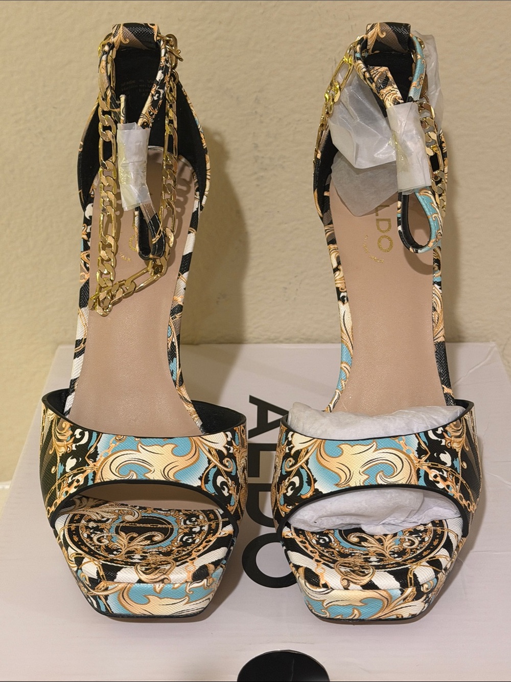 ALDO Gold Chain Multi-Color Patterned Platform Heels - Picture 3 of 7